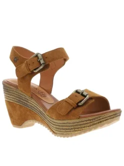 Nu-pieds camel à semelle compensé haut et à boucle à ardillon