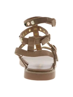 Nu-pieds caramel hauts en cuir avec un talon plat et une boucle à ardillon