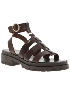 Nu-pieds chocolat en cuir avec un talon décroché bas et une boucle à ardillon