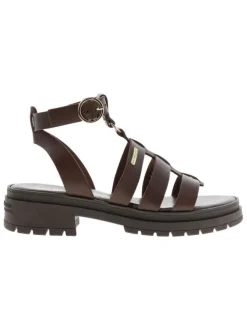 Nu-pieds chocolat en cuir avec un talon décroché bas et une boucle à ardillon