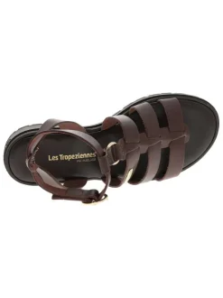 Nu-pieds chocolat en cuir avec un talon décroché bas et une boucle à ardillon