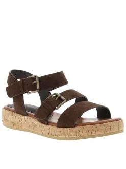 Nu-pieds chocolat à semelle compensé bas et à boucle à ardillon