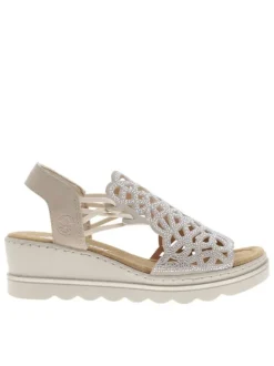 Nu-pieds écrus avec un talon compensé et des lacets élastiqués