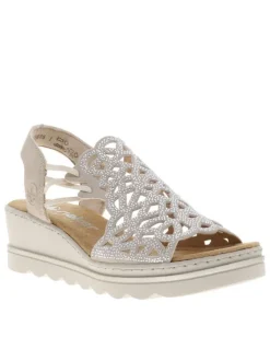Nu-pieds écrus avec un talon compensé et des lacets élastiqués