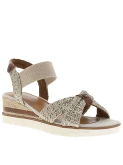 Nu-pieds écrus avec un talon semi-compensée et une bandes élastiquées
