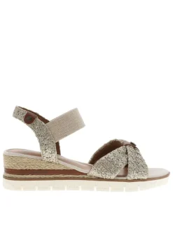 Nu-pieds écrus avec un talon semi-compensée et une bandes élastiquées