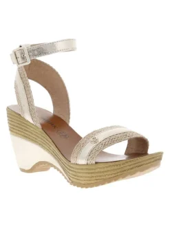 Nu-pieds dorés aspect métallisé avec boucle à ardillon et talon compensé haut
