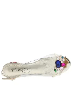 Nu-pieds dorés et transparents à talon décroché moyen avec bijoux multicolores