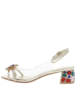 Nu-pieds dorés et transparents à talon décroché moyen avec bijoux multicolores