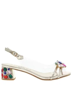Nu-pieds dorés et transparents à talon décroché moyen avec bijoux multicolores