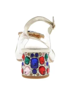 Nu-pieds dorés et transparents à talon décroché moyen avec bijoux multicolores