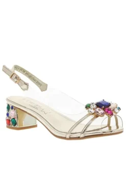 Nu-pieds dorés et transparents à talon décroché moyen avec bijoux multicolores