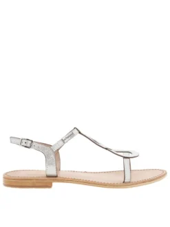 Nu-pieds en cuir argenté pailletté à boucle à ardillon et talon décroché bas