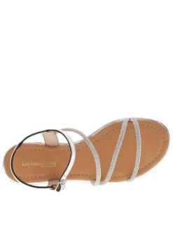 Nu-pieds en cuir argenté à paillettes à boucle à ardillon et trépointe vernie