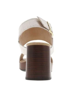 Nu-pieds en cuir aspect croco ivoire à talon décroché haut et boucle à ardillon