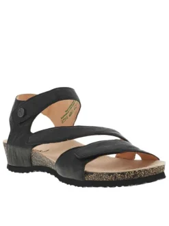 Nu-pieds en cuir aspect froissé noir à bandes auto-agrippantes, semi-compensées