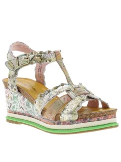 Nu-pieds en cuir beige et doré à semelle compensée et bande auto-agrippante