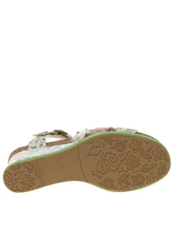 Nu-pieds en cuir beige et doré à semelle compensée et bande auto-agrippante