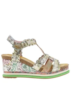 Nu-pieds en cuir beige et doré à semelle compensée et bande auto-agrippante