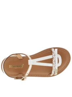 Nu-pieds en cuir blanc et or à talon décroché bas et à boucle à ardillon