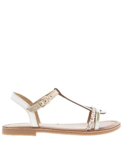 Nu-pieds en cuir blanc et or à talon décroché bas et à boucle à ardillon