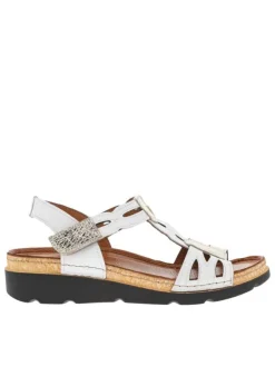 Nu-pieds en cuir blancs et dorés avec talon semi-compensé et bride ajustable