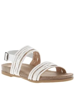 Nu-pieds en cuir blancs à talon plat avec semelle marron et strass brillants