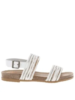 Nu-pieds en cuir blancs à talon plat avec semelle marron et strass brillants