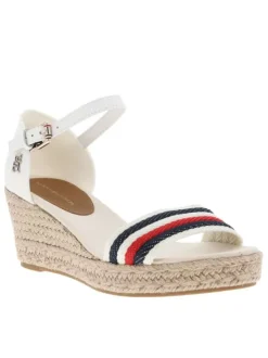 Nu-pieds en cuir blanc à talon compensé et à boucle à ardillon