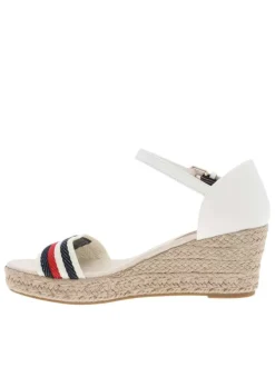Nu-pieds en cuir blanc à talon compensé et à boucle à ardillon