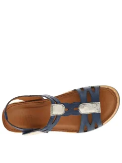 Nu-pieds en cuir bleu marine à bande auto-agrippante et à talon semi-compensé
