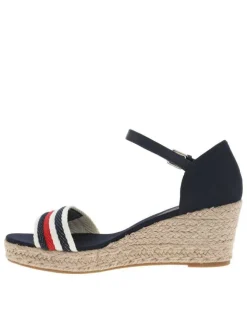 Nu-pieds en cuir bleu marine à talon compensé et à boucle à ardillon