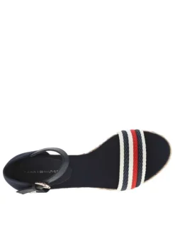 Nu-pieds en cuir bleu marine à talon compensé et à boucle à ardillon