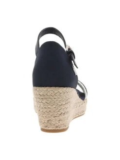 Nu-pieds en cuir bleu marine à talon compensé et à boucle à ardillon