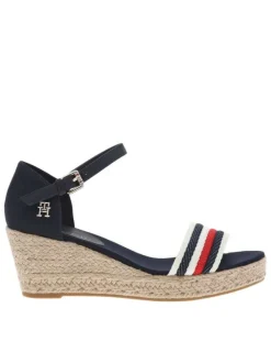 Nu-pieds en cuir bleu marine à talon compensé et à boucle à ardillon
