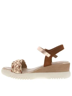 Nu-pieds en cuir bruns à semelle écrue avec talon compensé tresses roses