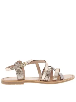 Nu-pieds en cuir doré brillant à boucle à ardillon et talon décroché bas