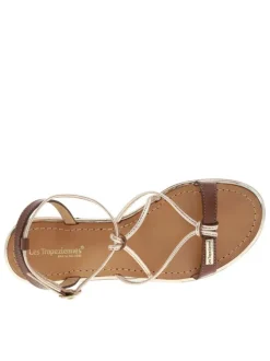 Nu-pieds en cuir doré et marron à boucle à ardillon et trépointe dorée vernie
