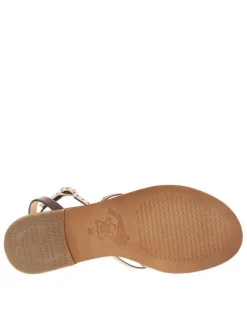 Nu-pieds en cuir doré et marron à boucle à ardillon et trépointe dorée vernie