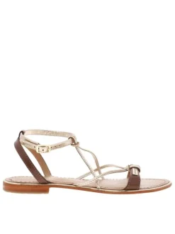 Nu-pieds en cuir doré et marron à boucle à ardillon et trépointe dorée vernie