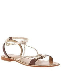 Nu-pieds en cuir doré et marron à boucle à ardillon et trépointe dorée vernie