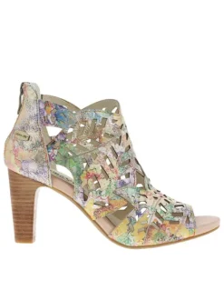 Nu-pieds en cuir à imprimé multicolore à talon haut stiletto et à zip arrière