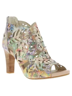 Nu-pieds en cuir à imprimé multicolore à talon haut stiletto et à zip arrière