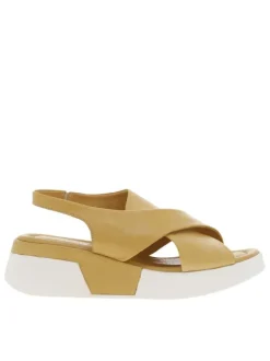 Nu-pieds en cuir jaunes avec chevillière élastiquée et talon semi-compensée