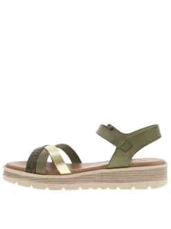 Nu-pieds en cuir kaki avec talon compensé bas et une bande auto-agrippante