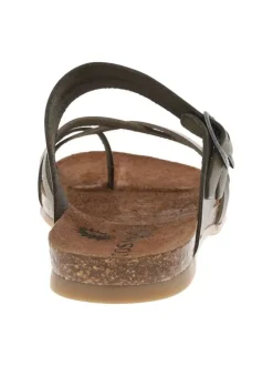 Nu-pieds en cuir kaki à semelle ergonomique plate et double boucles à ardillon