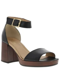 Nu-pieds en cuir lisse noir à talon décroché haut et boucle à ardillon dorée