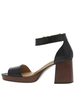 Nu-pieds en cuir lisse noir à talon décroché haut et boucle à ardillon dorée