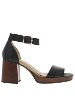 Nu-pieds en cuir lisse noir à talon décroché haut et boucle à ardillon dorée