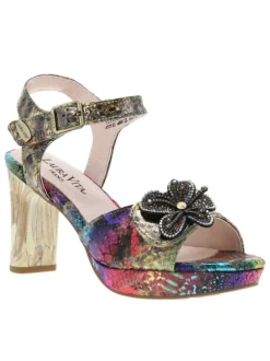 Nu-pieds en cuir multicolores à talon décroché haut avec bijoux floral